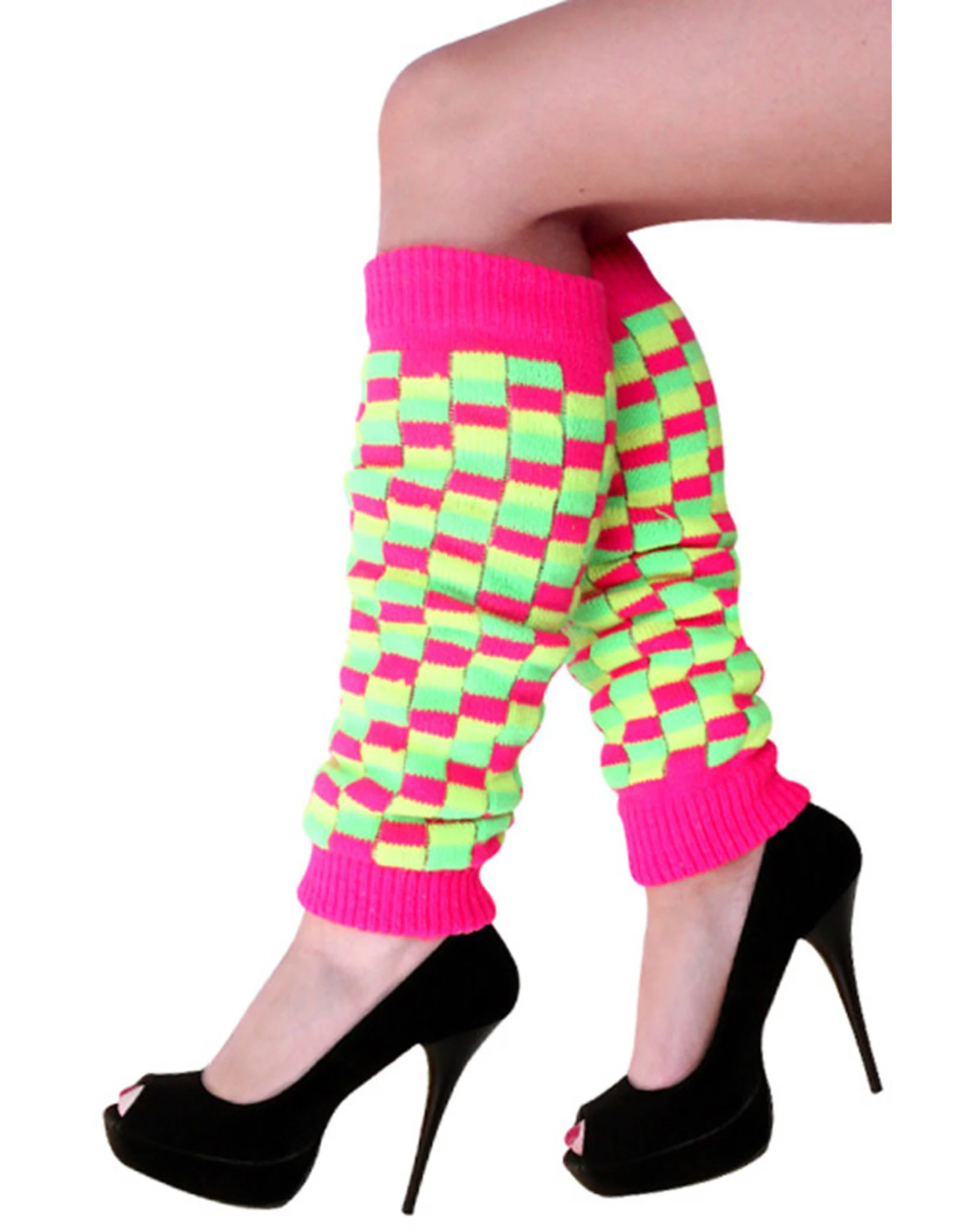 Beenwarmers Fluor Roze/Geel/Groen Geblokt 1 Beenwarmers Fluor Roze/Geel/Groen Geblokt