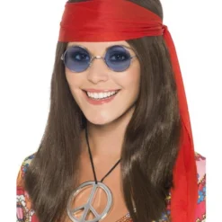 Hippie Chick Set, Bruin, Met Pruik, Bril, Hanger En Haarband