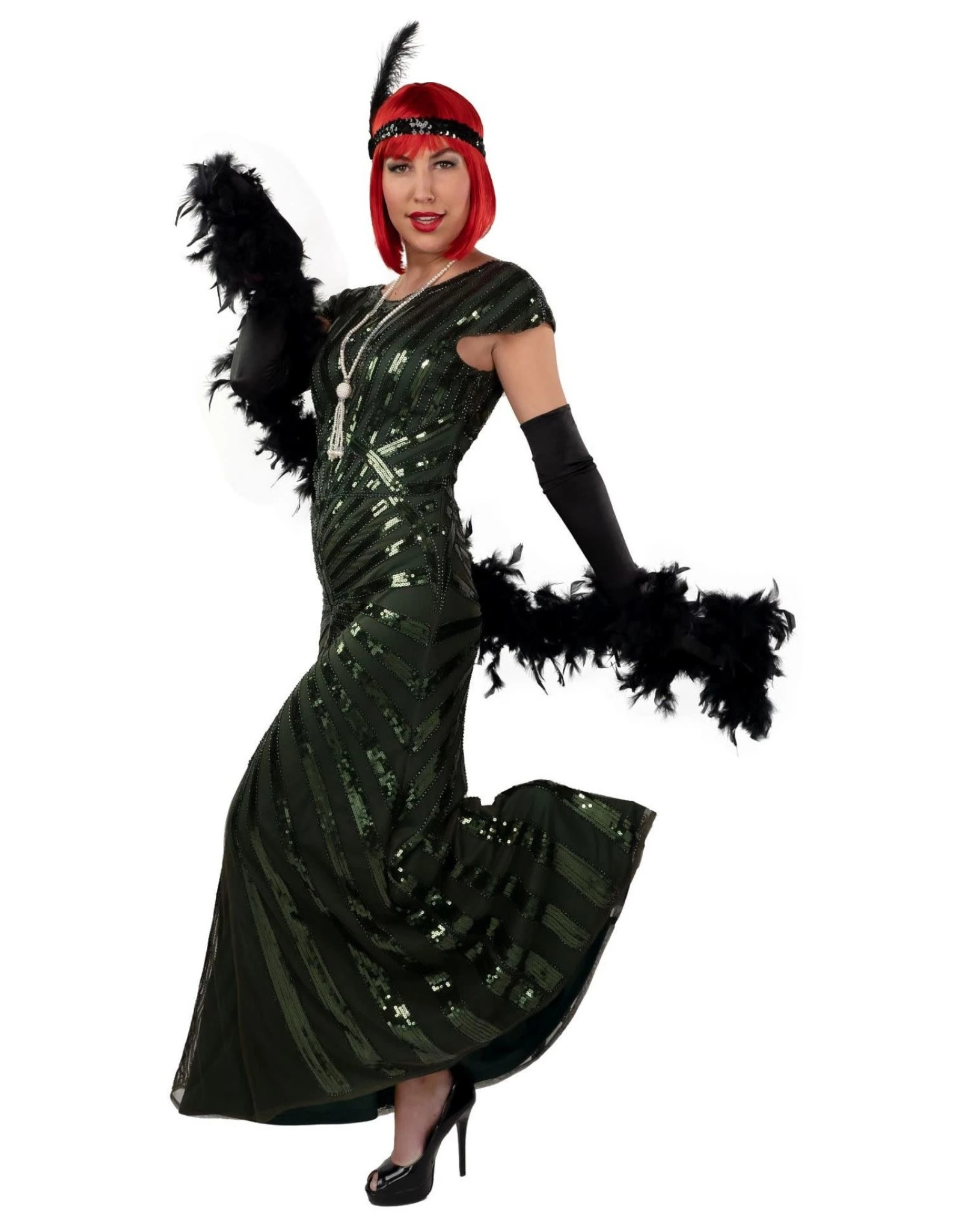 Lange Charleston Jurk Met Pailletten, Groen 1 Lange Charleston Jurk Met Pailletten, Groen