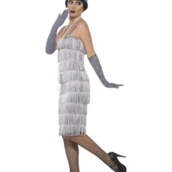 Lange Flapper Charleston Jurk Zilver -Schmink Specialist lange flapper charleston jurk zilver 2