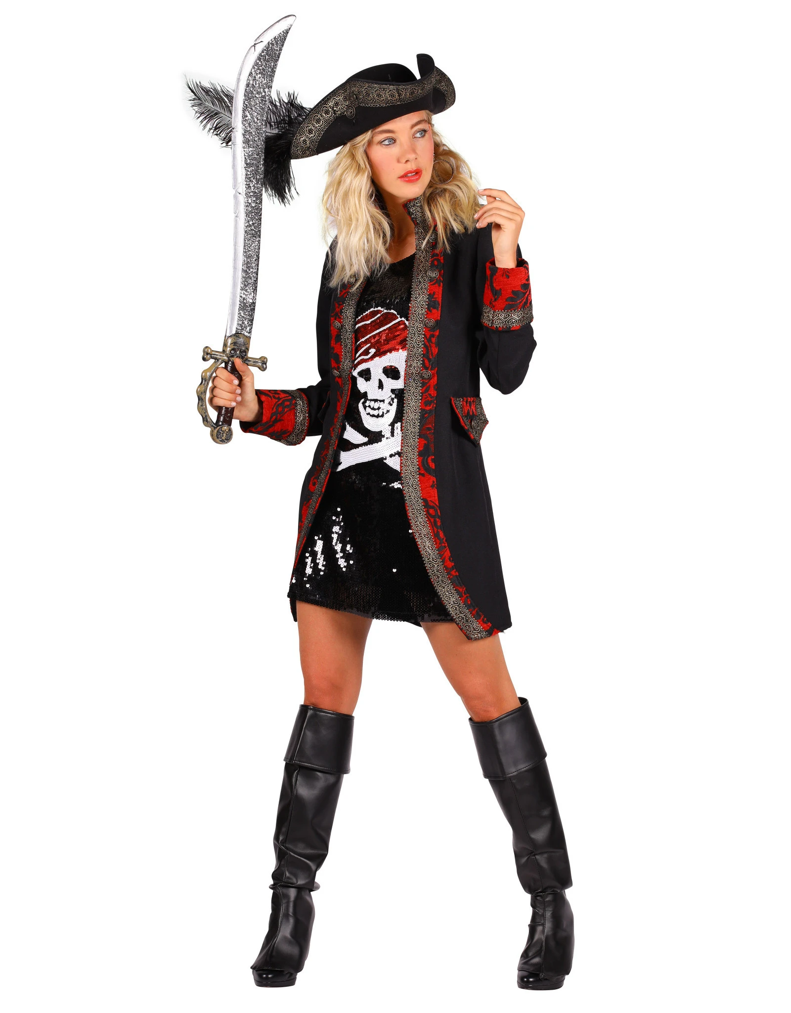 Themakostuum Dame Piraat, Rood-Zwart 2 Themakostuum Dame Piraat, Rood-Zwart - Afbeelding 2