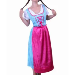 Tiroler Jurk Lang Anna Blauw/wit Ruitje, Schortje Pink